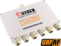 PD2360, UHF/RFID 6-way power divider combiner with Type N coaxial connectors spanning 350-1000 MHz