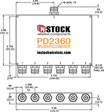 UHF/RFID/TETRA Power Divider Combiner, 6-Way, N-Type Outline Drawing