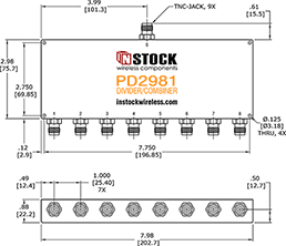 UHF/RFID/TETRA Power Divider Combiner, 8-Way, N-Type Outline Drawing