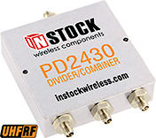 3-way power divider combiner with SMA connectors spanning 350-1000 MHz