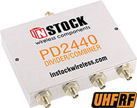 PD2440, UHF/RFID 4-way power divider combiner with SMA coaxial connectors spanning 350-1000 MHz