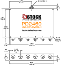 UHF/RFID/TETRA Power Divider Combiner, 6-Way, SMA Outline Drawing