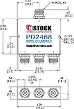 3-Way, IP67, 2400-6000 MHz N-Jack Power Splitter Combiner Outline Drawing