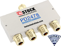 4-way power divider combiner with Type N connectors spanning 2400-6000 MHz