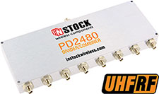 PD2480, UHF/RFID 8-way power divider combiner with SMA coaxial connectors spanning 350-1000 MHz