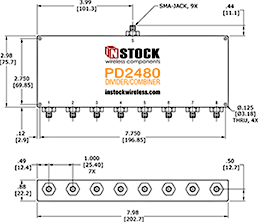 UHF/RFID/TETRA Power Divider Combiner, 8-Way, SMA Outline Drawing