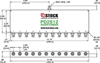 RoHS Power Divider Combiner, 12-Way, BNC Outline Drawing