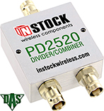 PD2520, RoHS 2-way power divider combiner with BNC coaxial connectors spanning 698-2700 MHz
