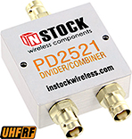 PD2521, UHF/RFID 2-way power divider combiner with BNC coaxial connectors spanning 350-1000 MHz
