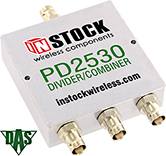 PD2530, RoHS 3-way power divider combiner with BNC coaxial connectors spanning 698-2700 MHz