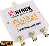 PD2531, UHF/RFID 3-way power divider combiner with BNC coaxial connectors spanning 350-1000 MHz