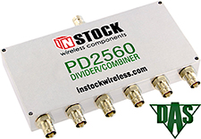 PD2560, RoHS 6-way power divider combiner with BNC coaxial connectors spanning 698-2700 MHz