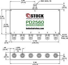 RoHS Power Divider Combiner, 6-Way, BNC Outline Drawing