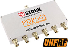 PD2561, UHF/RFID 6-way power divider combiner with BNC coaxial connectors spanning 350-1000 MHz