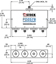 4-Way, IP67, 2400-6000 MHz SMA Power Splitter Combiner Outline Drawing