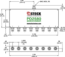 RoHS Power Divider Combiner, 8-Way, BNC Outline Drawing