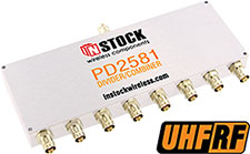 PD2581, UHF/RFID 8-way power divider combiner with BNC coaxial connectors spanning 350-1000 MHz