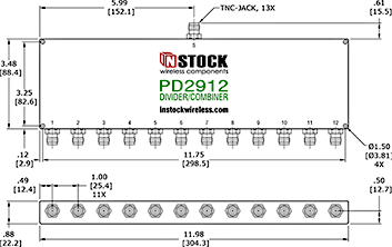 RoHS Power Divider Combiner, 12-Way, TNC Outline Drawing