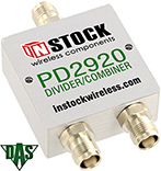 PD2920, RoHS 2-way power divider combiner with TNC coaxial connectors spanning 698-2700 MHz