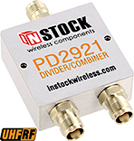 PD2921, UHF/RFID 2-way power divider combiner with TNC coaxial connectors spanning 350-1000 MHz