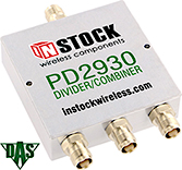 PD2930, RoHS 3-way power divider combiner with TNC coaxial connectors spanning 698-2700 MHz