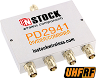 PD2941, UHF/RFID 4-way power divider combiner with TNC coaxial connectors spanning 350-1000 MHz