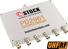 PD2961, UHF/RFID 6-way power divider combiner with TNC coaxial connectors spanning 350-1000 MHz