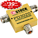 PD3020, 2-way T-style power divider combiner with N-type coaxial connectors spanning 698-2700 MHz