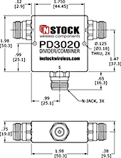 T-Style Power Divider Combiner, 2 Way, N Type - Outline Drawing