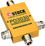 PD3030, 3-way T-style power divider combiner with N-type coaxial connectors spanning 698-2700 MHz