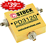 PD3120, 2-way T-style power divider combiner with SMA coaxial connectors spanning 698-2700 MHz