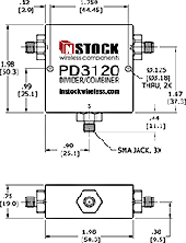 T-Style Power Divider Combiner, 2 Way, SMA - Outline Drawing