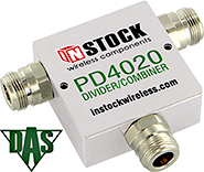 PD4020, RoHS 2-way T-style power divider combiner with N-type coaxial connectors spanning 698-2700 MHz
