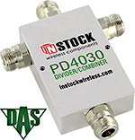 PD4030, RoHS 3-way T-style power divider combiner with N-type coaxial connectors spanning 698-2700 MHz