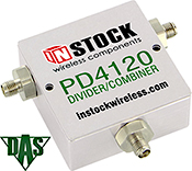 PD4120, RoHS 2-way T-style power divider combiner with SMA coaxial connectors spanning 698-2700 MHz