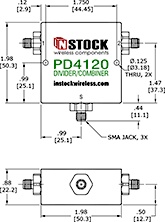 RoHS T-Style Power Splitter Combiner, 2-Way, SMA - Outline Drawing