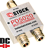 PD5020, DC blocking 2-way L-band splitter combiner with N-type coaxial connectors spanning 698-2700 MHz