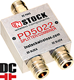 PD5022, DC block (all ports) 2-way L-band splitter combiner with N-type coaxial connectors spanning 698-2700 MHz