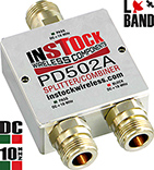 PD502A, DC blocking 2-way L-band splitter with N-type coaxial connectors spanning 698-2700 MHz