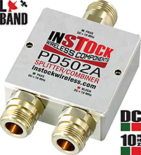 'L-Band Splitter, 2 Way, N-Type, 698-2700 MHz. 1 Port Blocks DC + 10 MHz. 