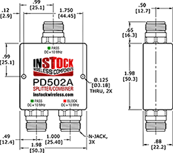 L-Band Splitter, Block 10 MHz + DC, 2 Way, N Type Outline Drawing