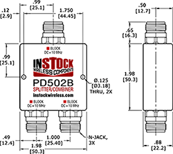 L-Band Splitter, Block 10 MHz + DC, 2 Way, N Type Outline Drawing