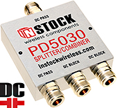PD5030, DC blocking 3-way L-band splitter combiner with N-type coaxial connectors spanning 698-2700 MHz