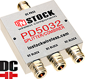PD5032, DC block (all ports) 3-way L-band splitter combiner with N-type coaxial connectors spanning 698-2700 MHz