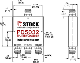 DC Block Power Splitter Combiner, 3 Way, N Type Outline Drawing