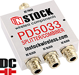 PD5033, DC blocking IP67 outdoor 3-way L-band splitter combiner with N-type coaxial connectors spanning 698-2700 MHz