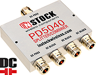 PD5040, DC blocking 4-way L-band splitter combiner with N-type coaxial connectors spanning 698-2700 MHz