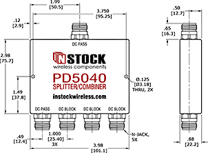 DC Block Splitter, 4 Way, N-Type Outline Drawing