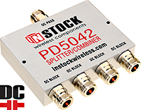 PD5042, DC block (all ports) 4-way L-band splitter combiner with N-type coaxial connectors spanning 698-2700 MHz
