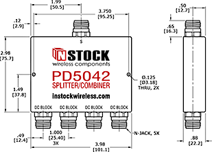 DC Block Power Splitter Combiner, 4 Way, N Type Outline Drawing